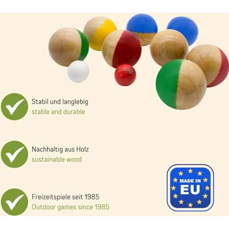GICO Boccia Spiel aus Massivholz, 8 lackierte Kugeln mit 7 cm Durchmesser, inkl. 2 Zielkugeln und Tragenetz - Made in EU - 3011 – Bild 5