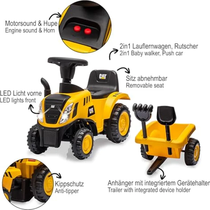 Jamara Rutscher Caterpillar Traktor mit Anhänger gelb, stabil und langlebig für Kinder ab 12 Monaten, maximale Belastbarkeit 25 kg – Bild 4