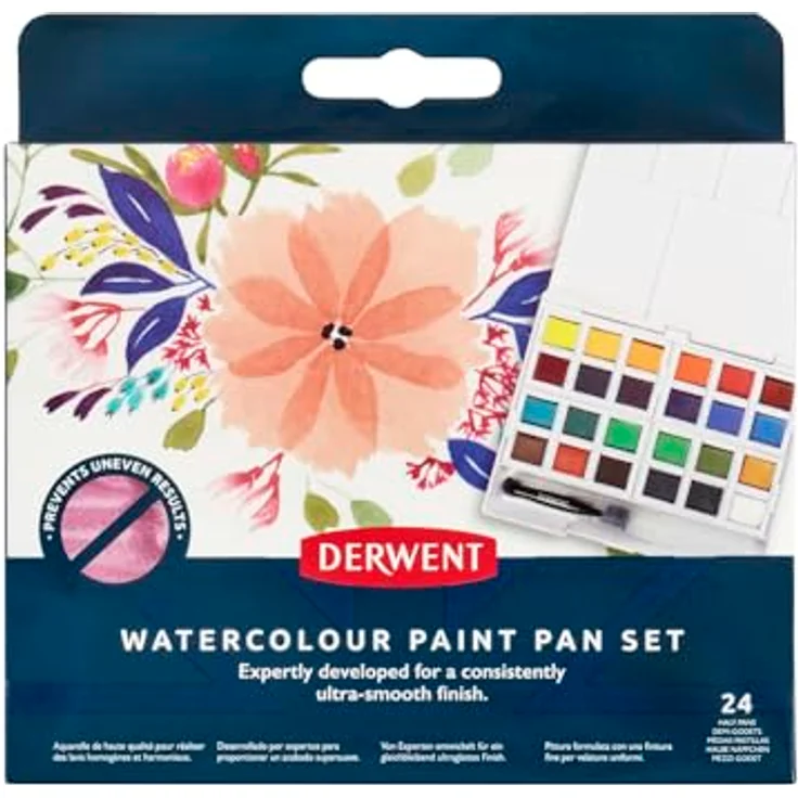 Derwent Aquarellfarben Malkasten 24-teiliger Watercolour Paint Pan, wasserlösliche Farben, Profi-Qualität, inklusive Mini-Wassertankpinsel, Reisegröße, 2306260 – Bild 2
