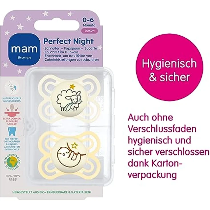 MAM Perfect Night Schnuller im 2er-Set, leuchtend im Dunkeln, zahnfreundlicher Baby Schnuller aus nachhaltigen & bio-erneuerbaren Materialien, mit Schnullerbox, 0-6 Monate, Schaf/Faultier – Bild 2