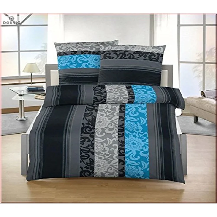 Fein Biber Bettwäsche Garnitur 2tlg. - 155 x 220 cm und 80 x 80 cm - Feinbiber anthrazit/petrol/Blume – Bild 2