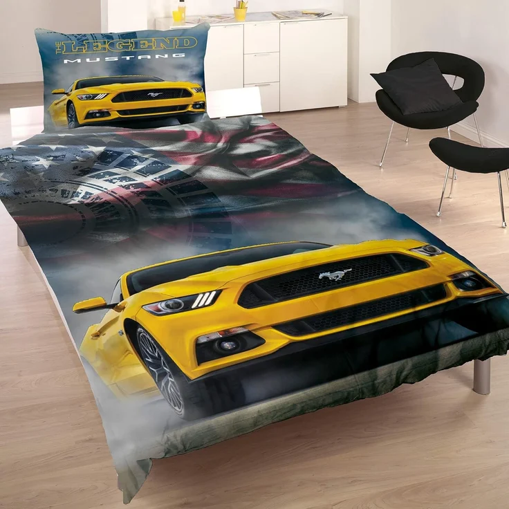 Ford Mustang Bettwäsche Legend Gelb / Blau 135x200 cm + 80x80 cm Stang Pony-US-Muscle-Car 100% Baumwolle in Renforcé-Linon-Qualität Shelby GT 2 Motive Wendebettwäsche Reißverschluss 008 – Bild 2