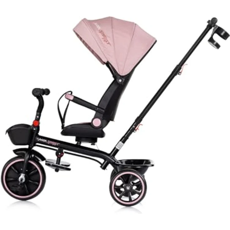 Chipolino Tricycle Max Sport 2 in 1, Dreirad mit 360° drehbarem Sitz, Becherhalter und klappbarem Verdeck, rosa schwarz – Bild 3