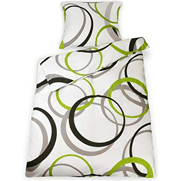 Beautissu Renforcé Bettwäsche 135x200 cm 2er Set Nina - Kinderbettwäschen, 100% Baumwoll Bettwäsche mit Reißverschluss, Ganzjahresbettwäsche, graue und grüne Kreise – Bild 2