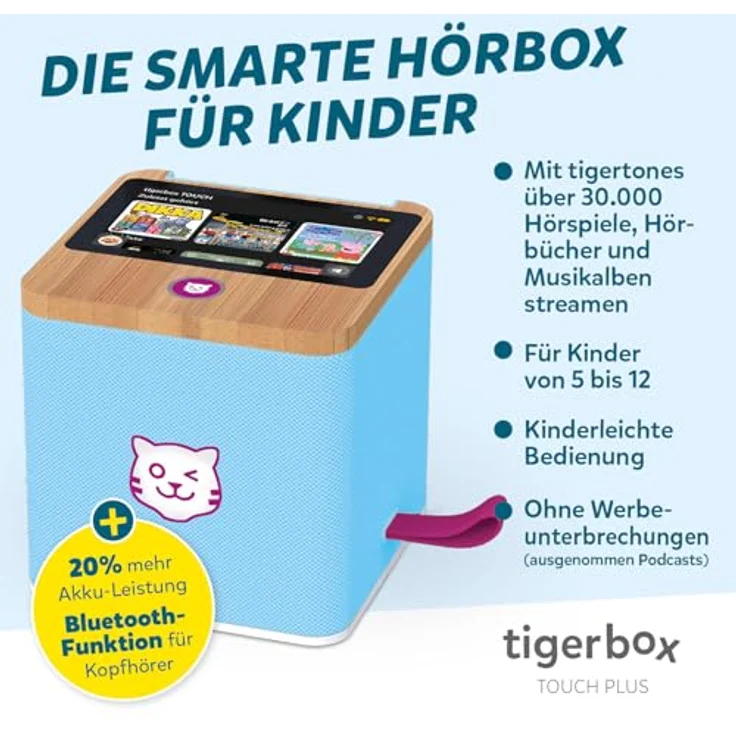 tigermedia tigerbox Touch Plus Miami Sky, Streaming-Hörbox für Kinder mit Farb-Touchdisplay, Stereo-Klang, Nachtlicht, Bluetooth-Kopfhöreranschluss und extra starkem Akku, hellblau – Bild 2