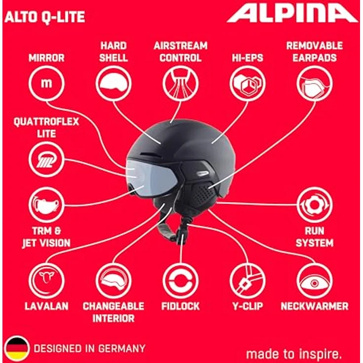ALPINA ALTO Q-LITE - Sicherer, Stoßabsorbierender & Individuell Anpassbarer Skihelm Mit Kontrastverstärkendem Visier Für Erwachsene, black matt, 51-55 cm – Bild 2