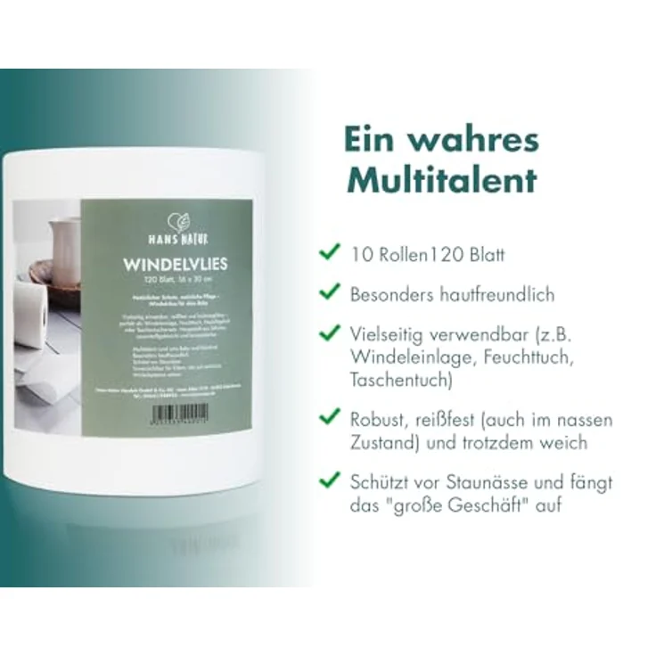 HANS NATUR Windelvlies Windel-Einlagen Papiervlies, 10 Rollen a 120 Blatt, 16 x 28 cm, umweltfreundlich aus Zellulosebasis, kompostierbar, hergestellt in Deutschland – Bild 2