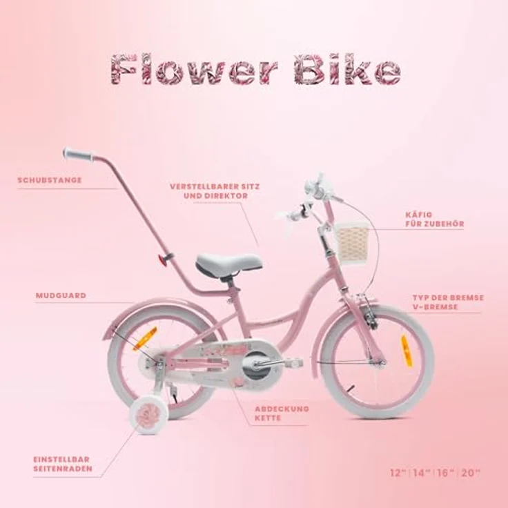 Sun Baby Mädchenfahrrad 16 Zoll Flower Bike mit Abnehmbarer Schubstange, Rosa, für Mädchen von 2-6 Jahre – Bild 5