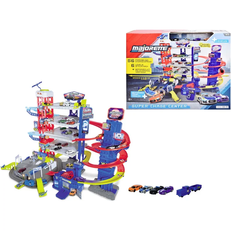 majORETTE Spiel-Parkgarage Super Chase Center, motorisierte 6-Etagen Garage mit Licht und Sound, inklusive 4 die-cast Autos und Zug