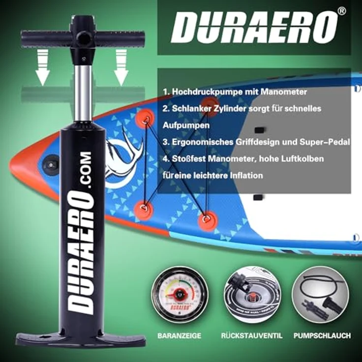 DURAERO Inflatable SUP-Board Stand up Paddle Board, 330x76x15cm, bis 150kg, inkl. Drei Finnen und Kajak Sitz, blau – Bild 3