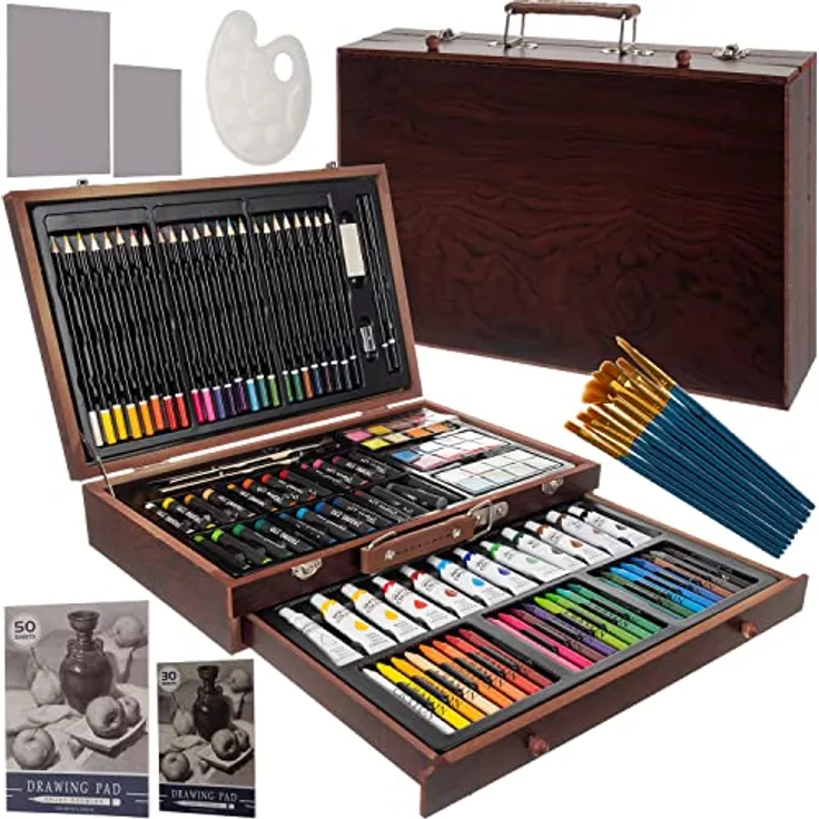 Redfink Kreativset Malset Malkoffer 130-teilig, Holz-Kofferset mit Acrylfarben, Ölfarben, Buntstiften und Malutensilien