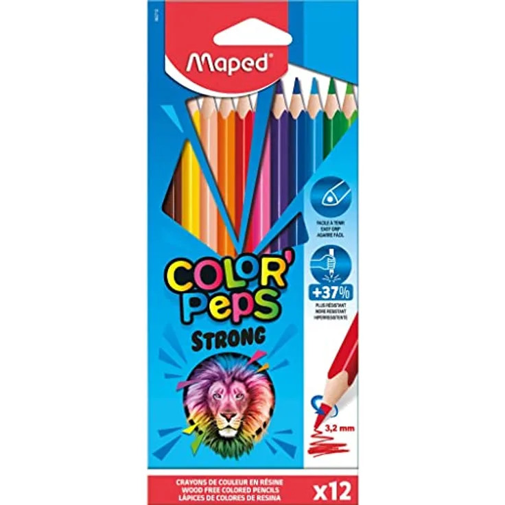 Maped - ergonomische Drei-Kant-Buntstifte, Farbstifte COLOR'PEPS STRONG - besonders stabile Mine 3,2 mm - 12x Stifte