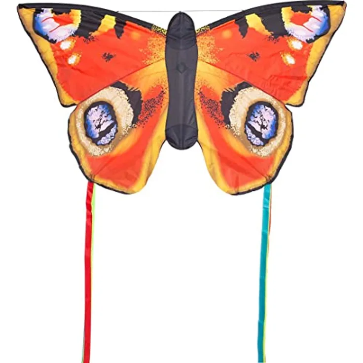 HQ Design 106545 Butterfly Peacock L, Kinderdrachen Einleiner für Kinder ab 5 Jahren, 80x130cm mit 2x600cm Drachenschwanz, inkl. 17kp Polyesterschnur 40m auf Spule, für 2-5 Bft Wind