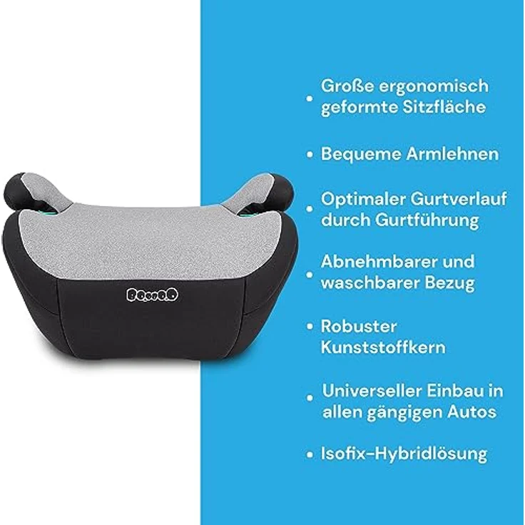 BooBoo Kindersitzerhöhung Safety Milano, Sitzerhöhung Auto Kinder ab 125 cm, ergonomische Sitzfläche, Isofix, grau – Bild 2