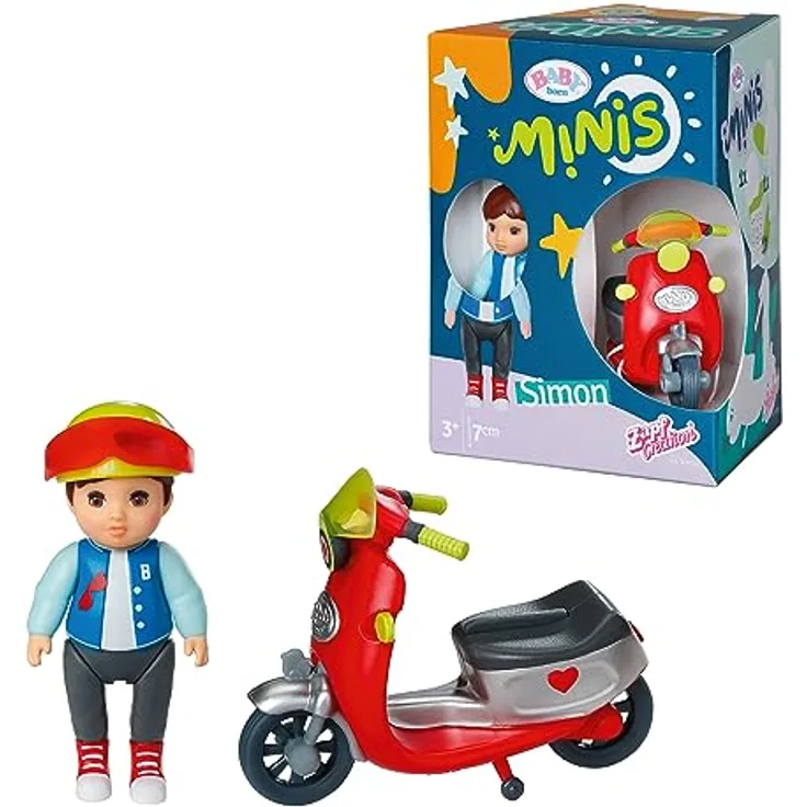 BABY born Minis, Minipuppe mit Roller, Spielset Scooter, 7 cm große Puppe Simon mit Roller und Helm, 906118, Zapf Creation