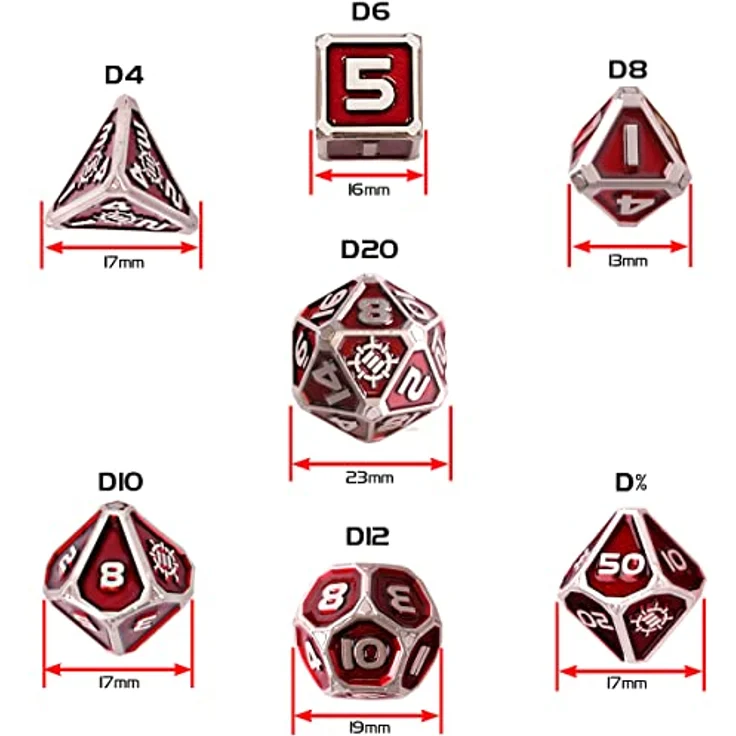 ENHANCE Würfelset aus Metall, 7-teiliges D20 D&D Collector's Edition Set mit 2-in-1-Würfeletui und Würfeltablett aus veganem Leder, rot – Bild 2