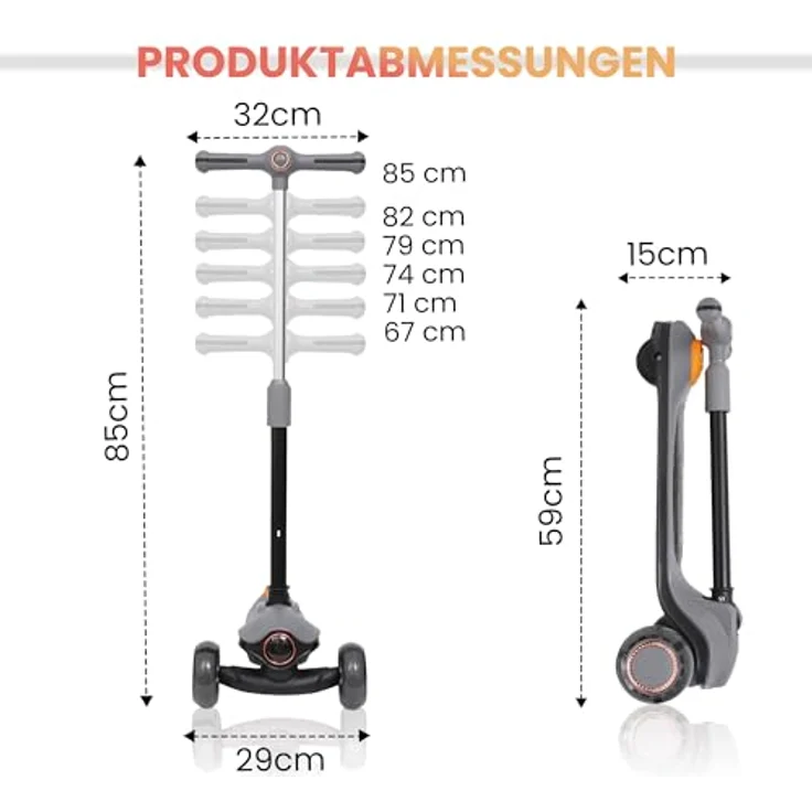 Habib Gruppe Kinderroller Tretroller 3-Rad, LED Frontlicht & Rücklicht, Höhenverstellbar & Faltbar, rutschfest, pannensicher, grau, für 3-10 Jahre – Bild 3