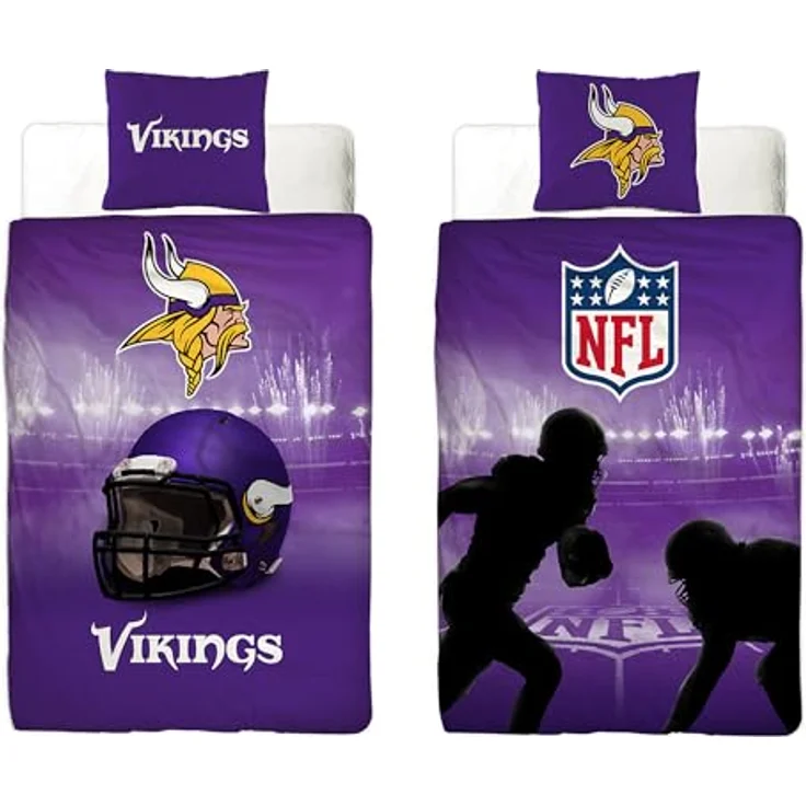 BERONAGE NFL Bettwäsche Minnesota Vikings 135 x 200 cm + 80 x 80 cm 100% Baumwolle Renforcé-Linon-Qualität Reißverschluss American Football Fan Super Bowl Viktor Viking Ragnar Wende-Bezug deutsche Größe – Bild 1