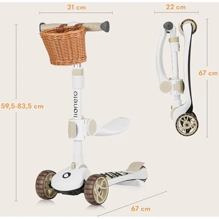 Lionelo Franky 2in1 Kinder Laufrad bis 20 kg Balance Roller bis 50 kg, Höhenverstellbar, LED-Räder, rutschfestes Trittbrett, Korb Beige – Bild 9