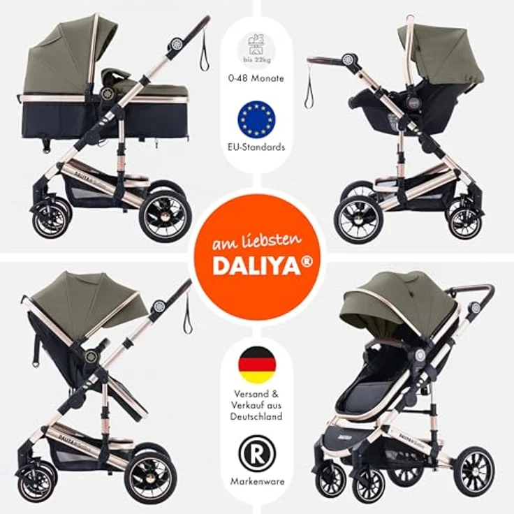 Daliya® NEOMOVE 3in1 Kinderwagen, Buggy & i-Size Babyschale | Alu-Rahmen | Reisekinderwagen & Sportwagen | Großer Einkaufskorb | Stadt & Gelände (Gold-Braun) – Bild 2