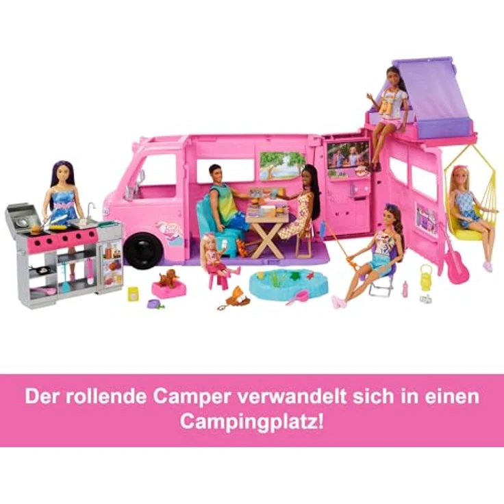 Barbie Super Abenteuer Camper, Spielzeugauto mit 7 Spielbereichen und 60+ Zubehörteilen – Bild 3