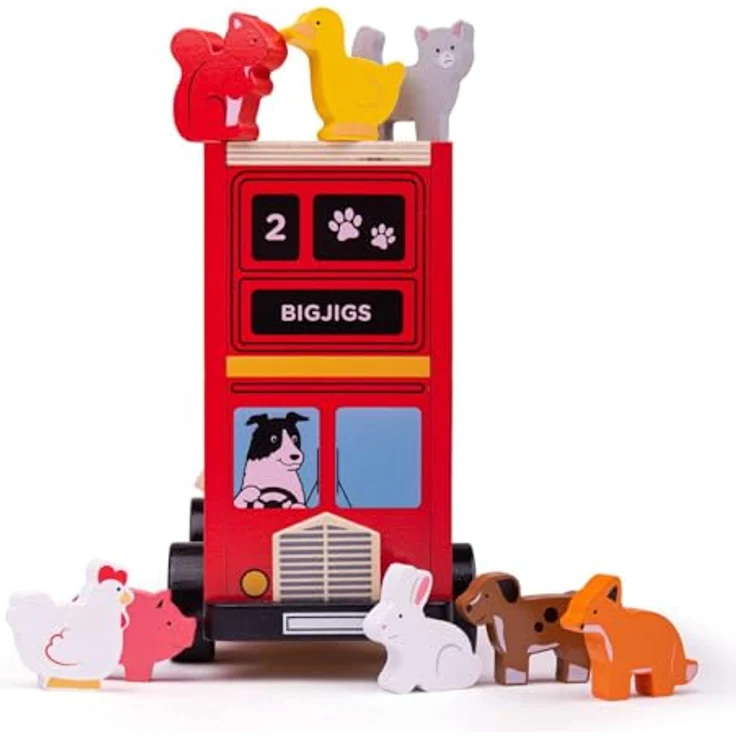 Bigjigs Wooden Shape Sorter Red Animal Bus, 21-teiliges Holz-Spielzeug mit einlegbaren Tieren und Fenster-Schieber – Bild 2