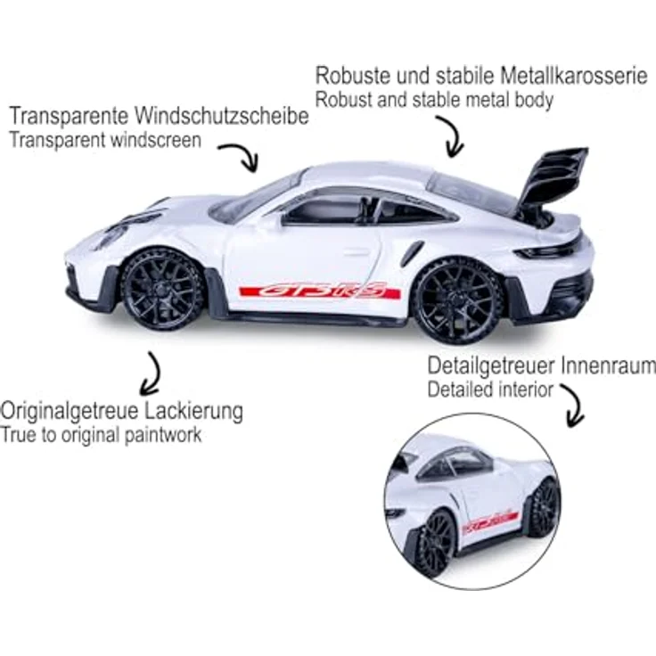 JAMARA Porsche 911 GT3 RS Diecast 1:43 Modellauto mit stabiler Metallkarosserie und originalgetreuer silberner Lackierung – Bild 4