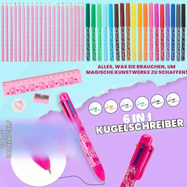 Hello Kitty Federmäppchen, gefüllt mit Buntstiften, Filzstiften und Zubehör, rosa, ideal für Schule und kreative Projekte – Bild 2
