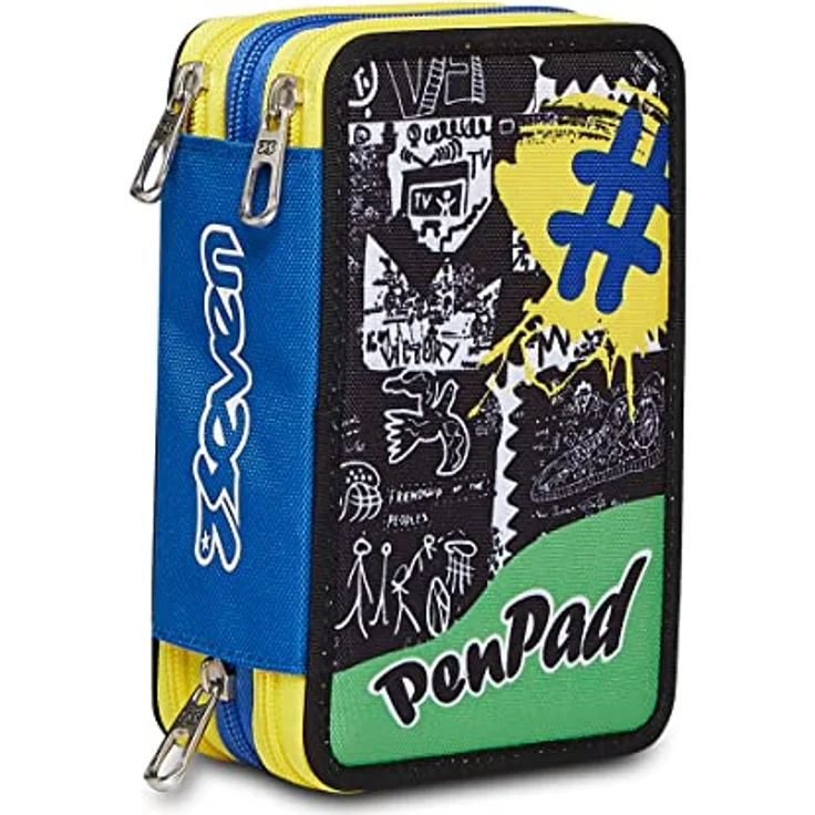 Seven Federmäppchen, mehrfarbiges Etui mit 3 Fächern, inklusive Stiften und Zubehör, XXL, gelb/blau, für Schule und Grundschule – Bild 1