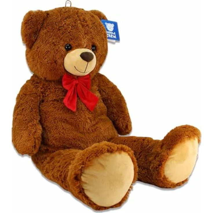 PMS Teddy XXL – Riesen Teddybär Mit Roter Schleife, Ca. 100 cm Stehend / 60 cm Sitzend, Mit Kunststoffaugen, Farbe Braun, Mit Schlaufe zum Anhängen