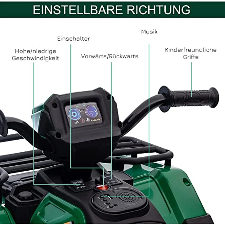 HOMCOM Elektro-Kinderquad für Kinder ab 3 Jahren, Belastbarkeit 25 kg, Schwarz+Grün, LED-Scheinwerfer, MP3-Anschluss, 2 Geschwindigkeitseinstellungen – Bild 4