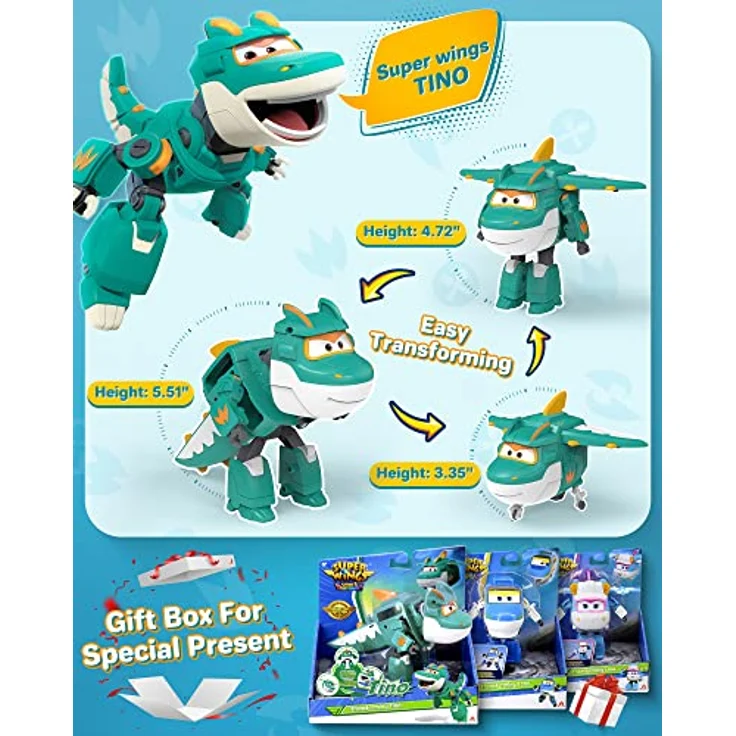 Super Wings Tino Dinosaur 5“ Verwandlung Charakter, einfacher Wechsel vom Flugzeug zum Roboter, Geschenkspielzeug für Vorschulkinder ab 3 Jahren, Grün – Bild 5