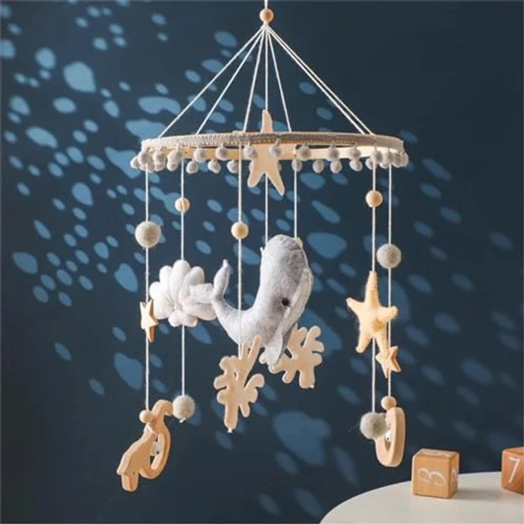 Herfair 3D Delphine Mobile Baby Holz mit Filzbällen, handgefertigtes Windspiel für Babybett, grau – Bild 1