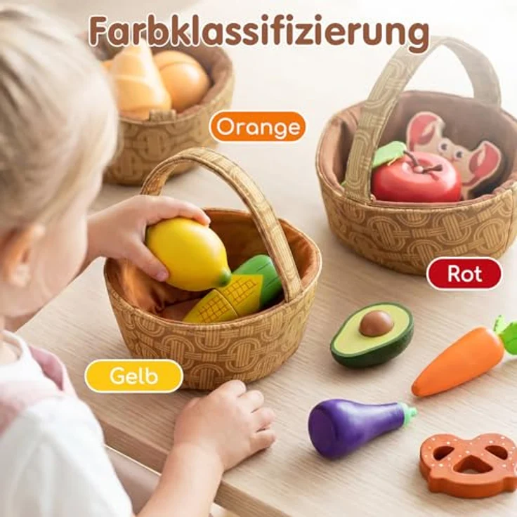 Lehoo Castle Kinderküche Zubehör, 23-teiliges Holzspielzeug mit Stoffkörben, geeignet für Kinder ab 3 Jahren – Bild 4