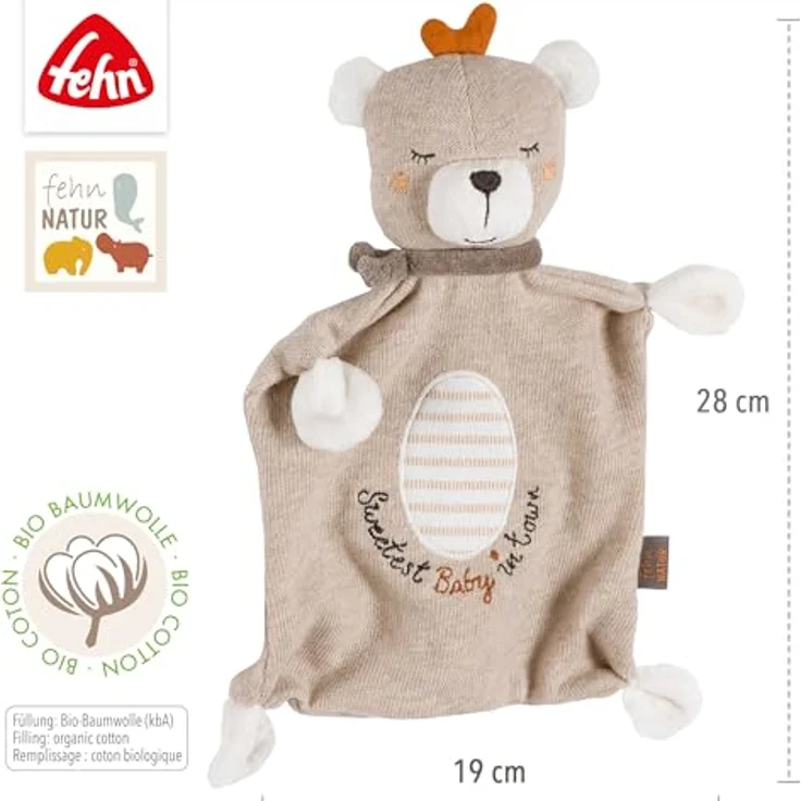 Fehn Schmusetuch Teddy Baby – Spielkamerad mit individuell gesticktem Slogan, 2 in 1 Schnuffeltuch, Bio-Baumwolle, ab 0+ Monaten – Bild 4
