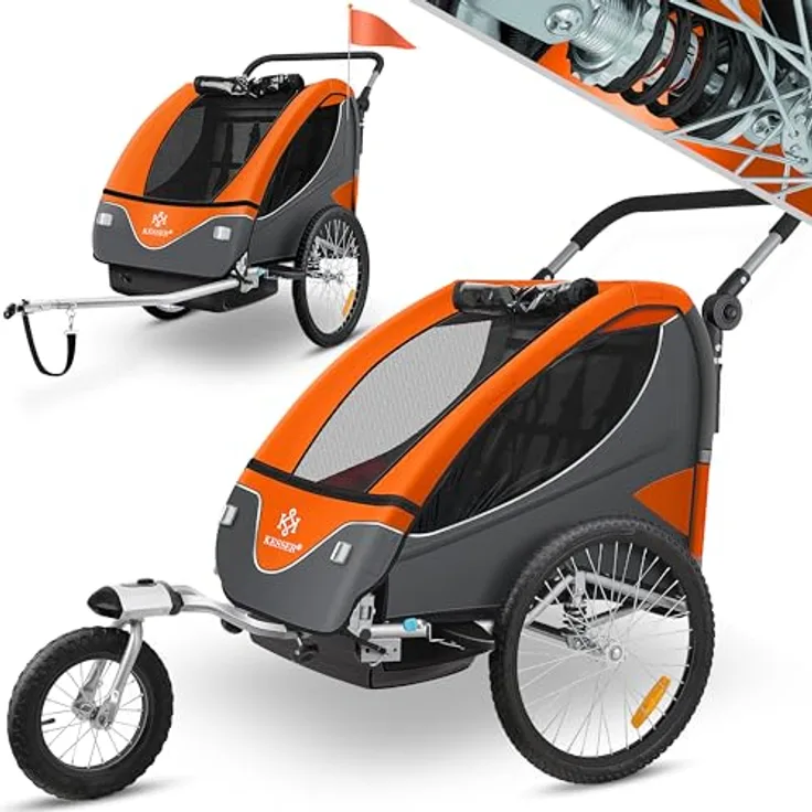 KESSER 'Cruiser' Fahrradanhnger 360 Drehbar mit Federung 2in1  Joggerfunktion Kinderfahrradanhnger + 5-Punkt Gurt Jogger Fahrrad Anhnger  fr 1 bis 2 Kinder max. 40kg Hellgrau: Tests, Infos & Preisvergleich