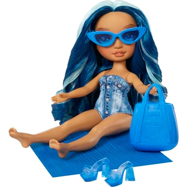 Rainbow High Swim & Style - Skyler (Blau) - 28 cm Große Puppe mit Schimmerndem Pareo, auf 10+ Arten zu tragen - Ausziehbarer Badeanzug, Sandalen, Spielzubehör – Bild 5
