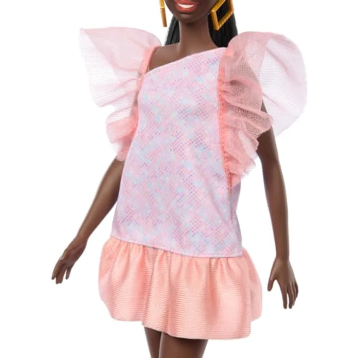 Barbie Fashionistas-Puppe Peach Puffy, Babypuppe mit apricotfarbenem Kleid und rautenförmigen Ohrringen – Bild 5
