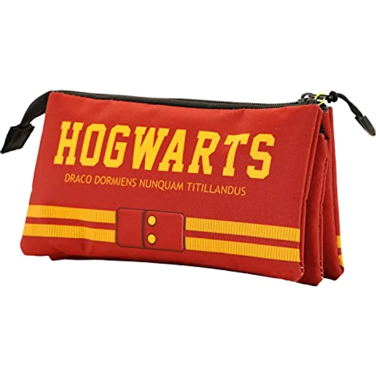 KARACTERMANIA Harry Potter Gryffindor-FAN Dreifach Federmäppchen, Rechteckig mit 3 Fächern und Reißverschluss, Weinrot, 11 x 23 x 7 cm