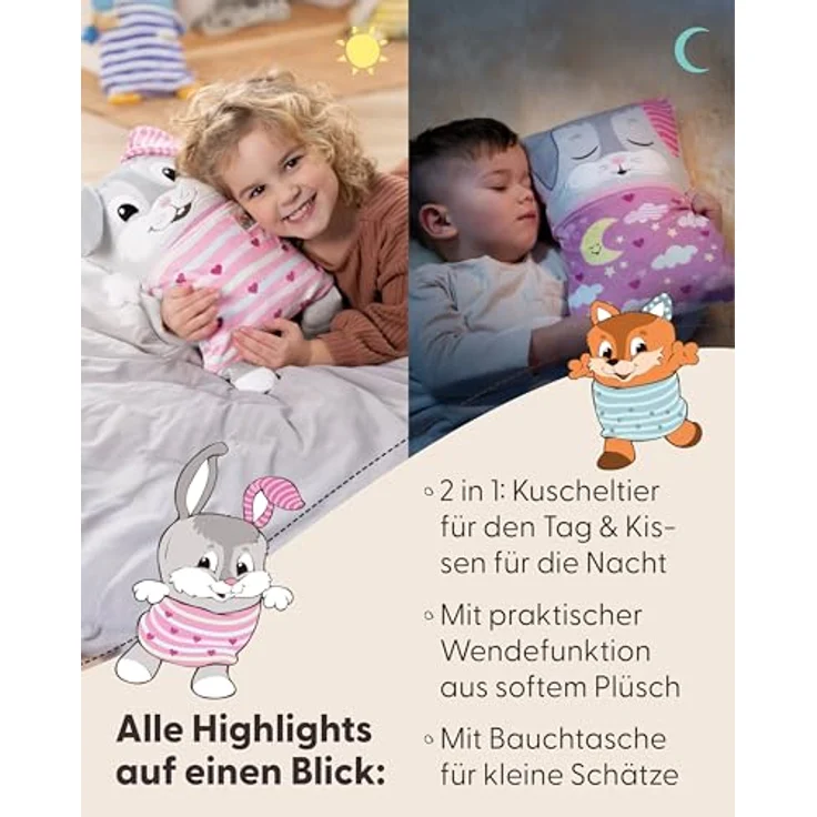 NICI Cosidoo Kuscheltier Hase mit Wendefunktion, 30x20cm, grau – Weiches Plüschtier mit Stauraum für Schätze, ideal zum Kuscheln und Spielen für Zuhause und unterwegs – 62294 – Bild 4