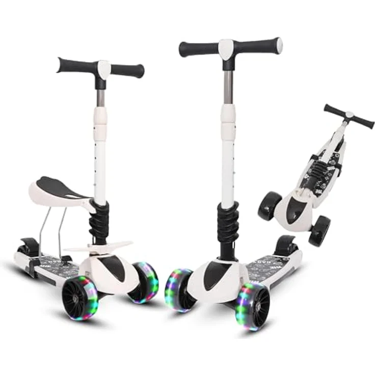 Habib Gruppe 3-in-1 Kinderroller mit Sitz, Faltbar und Höhenverstellbar, Dreirad Tretroller mit LED Rädern, für Kinder ab 3 Jahren (bis 50kg), Schwarz – Bild 1