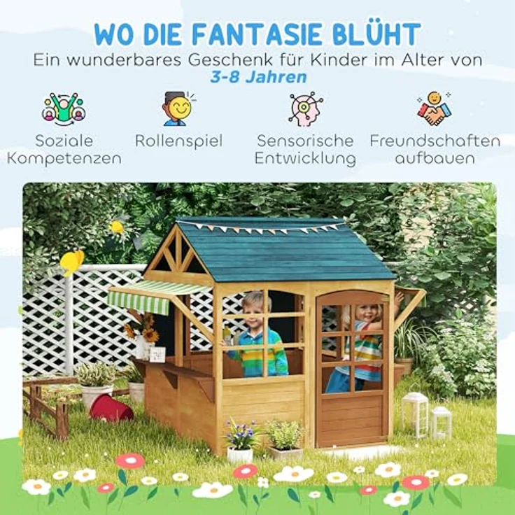 AIYAPLAY Spielhaus aus Holz Faltbar, Outdoor Kinderhaus mit 5 Fenstern, Tür, Fensterbank, Regenkappen für Kinder 3-8 Jahre – Bild 3