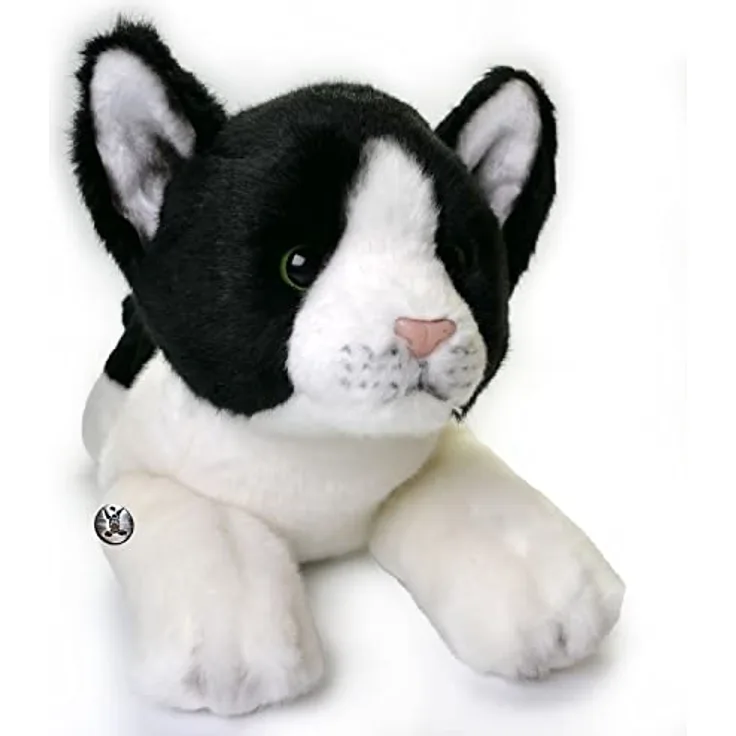 Kuscheltiere.biz Katze Kater Kuscheltier schwarz-weiß Plüschkatze liegend Gizmo 38 cm, realistisch, kuschlig weich
