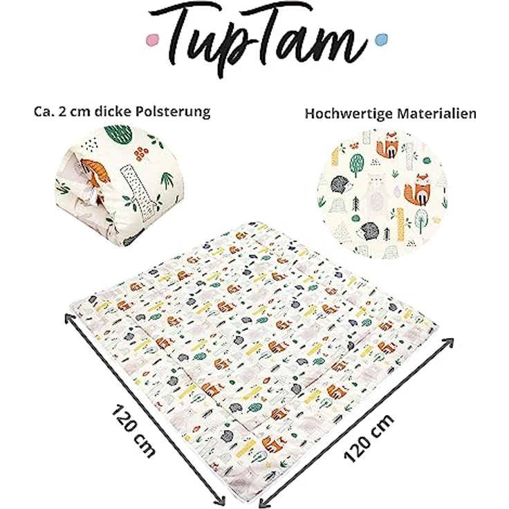 TupTam Krabbeldecke 120x120 cm, gepolsterte Spieldecke aus 100% Baumwolle, OEKO-TEX, weich & hautfreundlich, Farbe: Wald/Beige – Bild 5