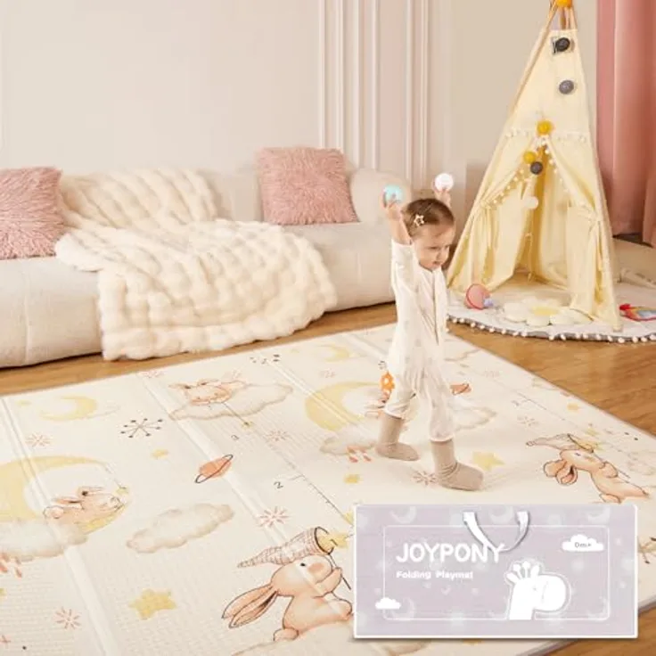 Joypony Krabbelmatte Baby, 180x200 CM Faltbare Spielmatte, Wasserdicht & Rutschfest mit Tragetasche – Doppelseitiges Design für Babys & Kleinkinder