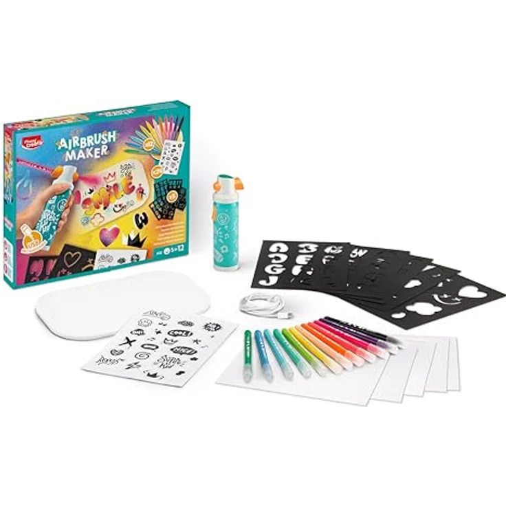 Maped CREATIV AIRBRUSH MAKER 907080, Graffiti Set für Kinder ab 5 Jahren mit wiederaufladbarem Airbrush, 12 Filzstiften JUNGLE, 5 Schablonen, Stickern & A5 Papier – Bild 2