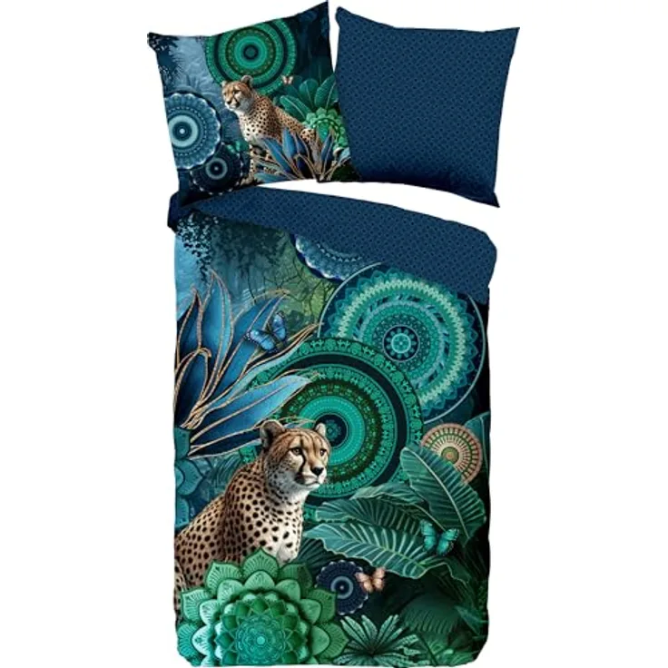 Hip Wendebettwäsche Nyah Satin Petrol, 135x200 cm + 80x80 cm, 100% Baumwolle, Wendebettwäsche mit Motiv und Marken-Reißverschluss