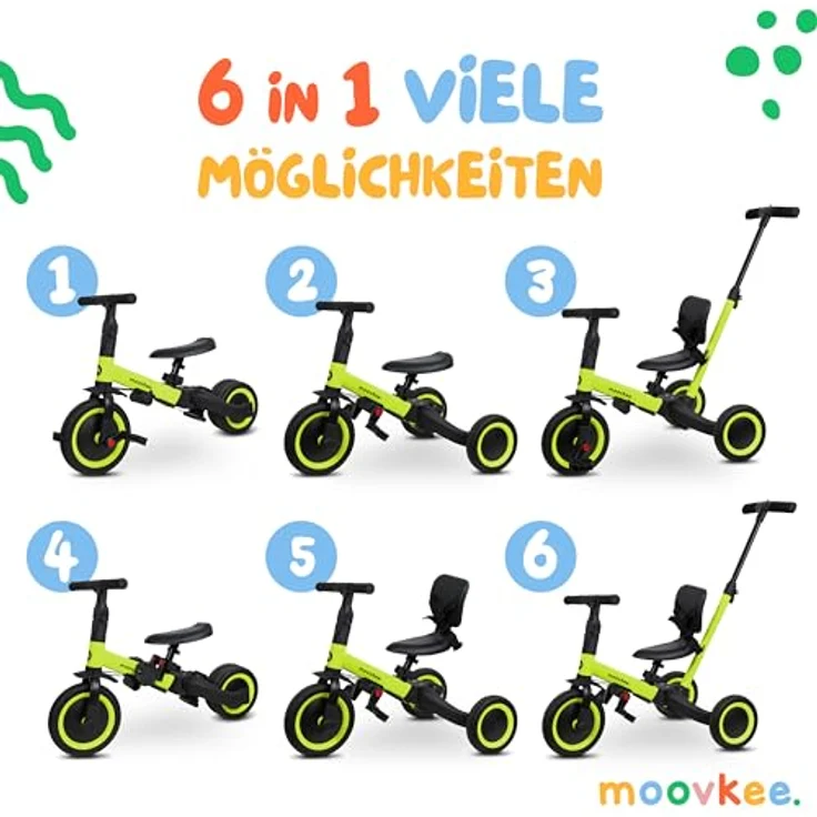 moovkee Dreirad ab 1 Jahr mit Schubstange 6in1 - Laufrad ab 1 Jahr - Baby Fahrrad - Stahlrahmen - Schwarz – Bild 3