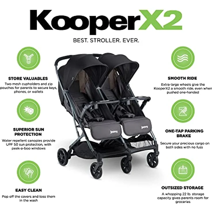 Joovy Kooper X2 Doppelter Kinderwagen, leichter Kinderwagen, kompakt zusammenklappbar mit Ablagen, grau – Bild 5