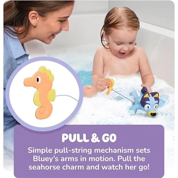 Toomies Swimming Bluey - Kleinkind Badespielzeug mit Zugschnur Seepferdchen, schwimmt auf Vorder- und Rückseite - Baby Badespielzeug & Schwimmbadspielzeug, blau – Bild 2